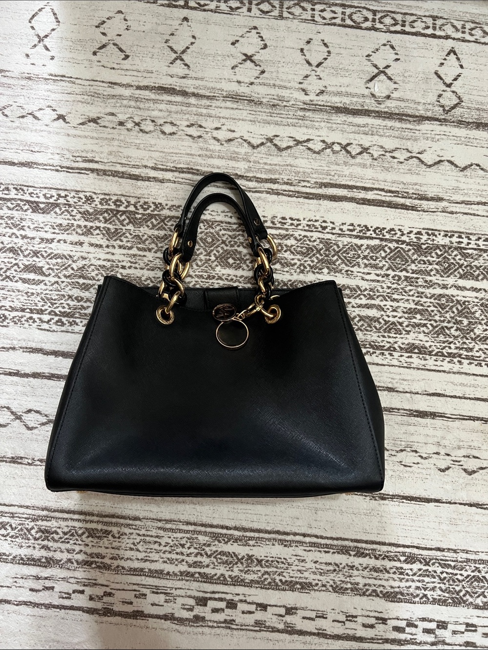 Black Leather Michael Kors Top-Handle Tote with Gold Hardware